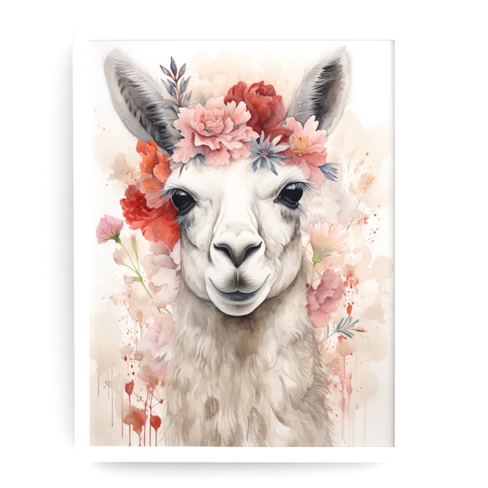 Watercolor Cute Floral Llama Wall Art Illustration Print Poster Card Unframed